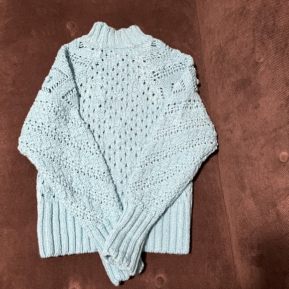 🦋River Island Blue Mock Neck Semi Open Knit Sweater with Pom Pom Detail.Like New - Picture 2 of 2